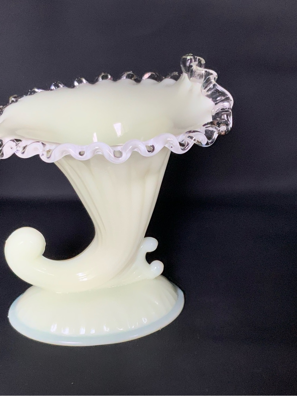 Vintage Art Glass Cornucopia Vase - Cream with Clear Ruffled Edge